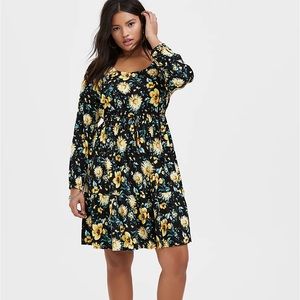 Black and Yellow Floral Challis Skater Dress